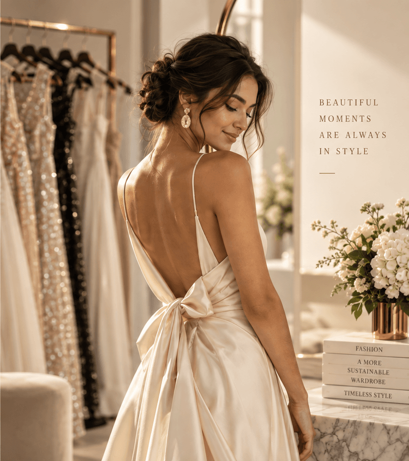 Woman wearing a cream dress in a fashion showroom
